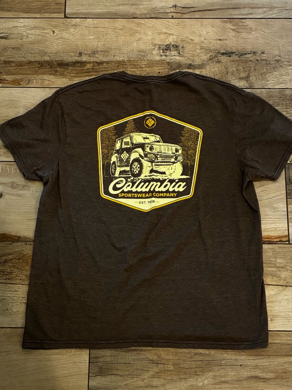 Columbia Men's Brown Short Sleeve Tee with Yellow Off-Road Graphic